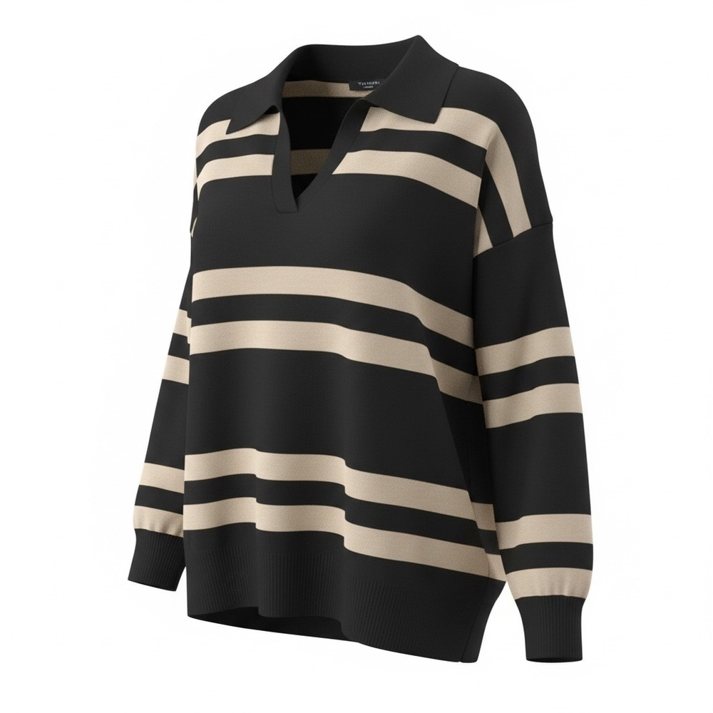 T Tahari Black and Tan Striped V-Neck Sweater - Picture 1 of 8